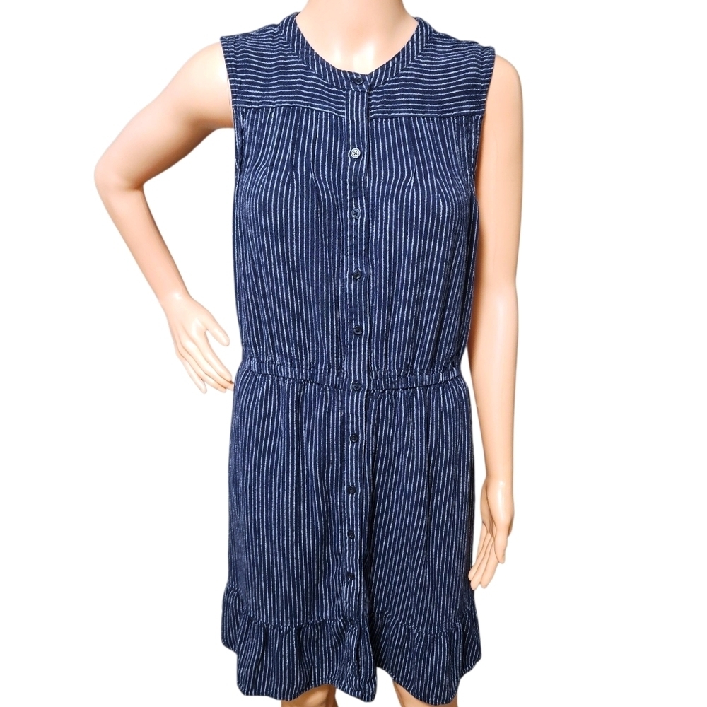 Wmns Navy Blue Striped Button Front Dress M Sleeveless Linen Beach Coastal Chic - Picture 4 of 14